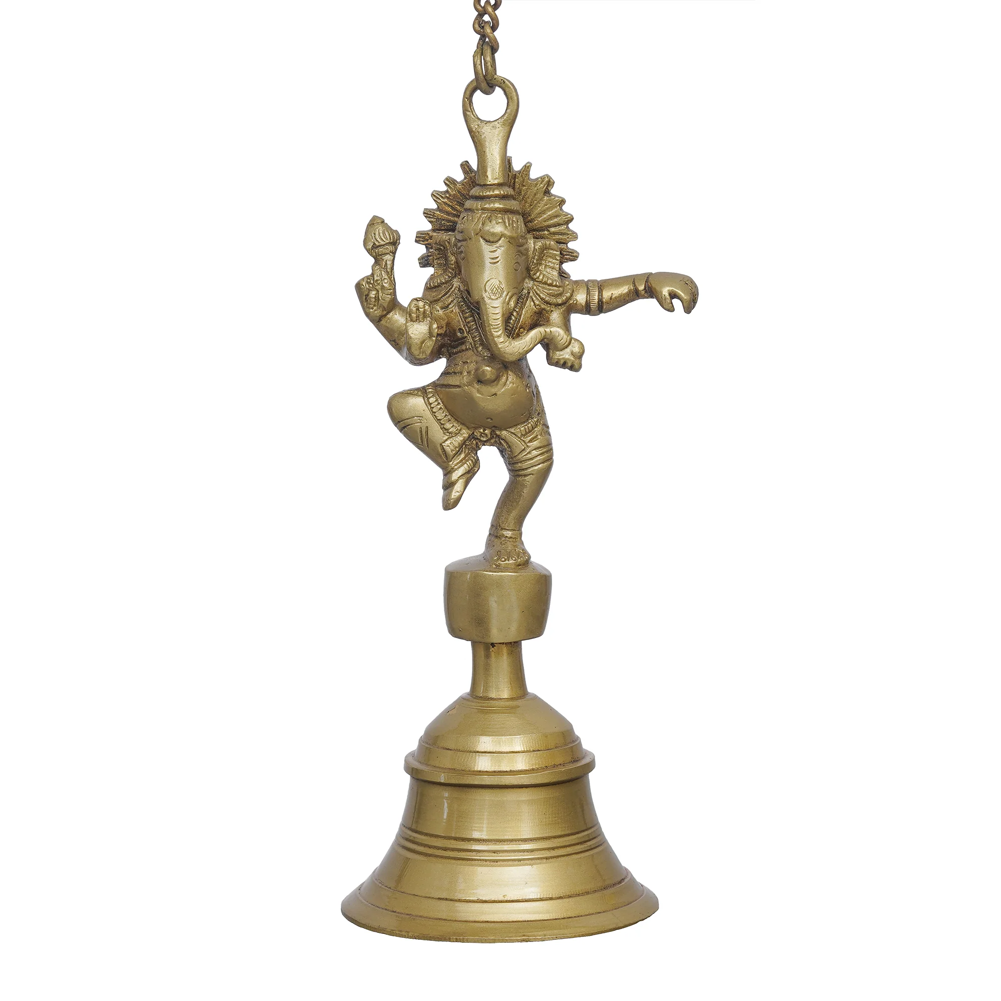 Picture of eCraftIndia Golden Brass Dancing Ganesha Idol Wall Hanging Bell With Chain