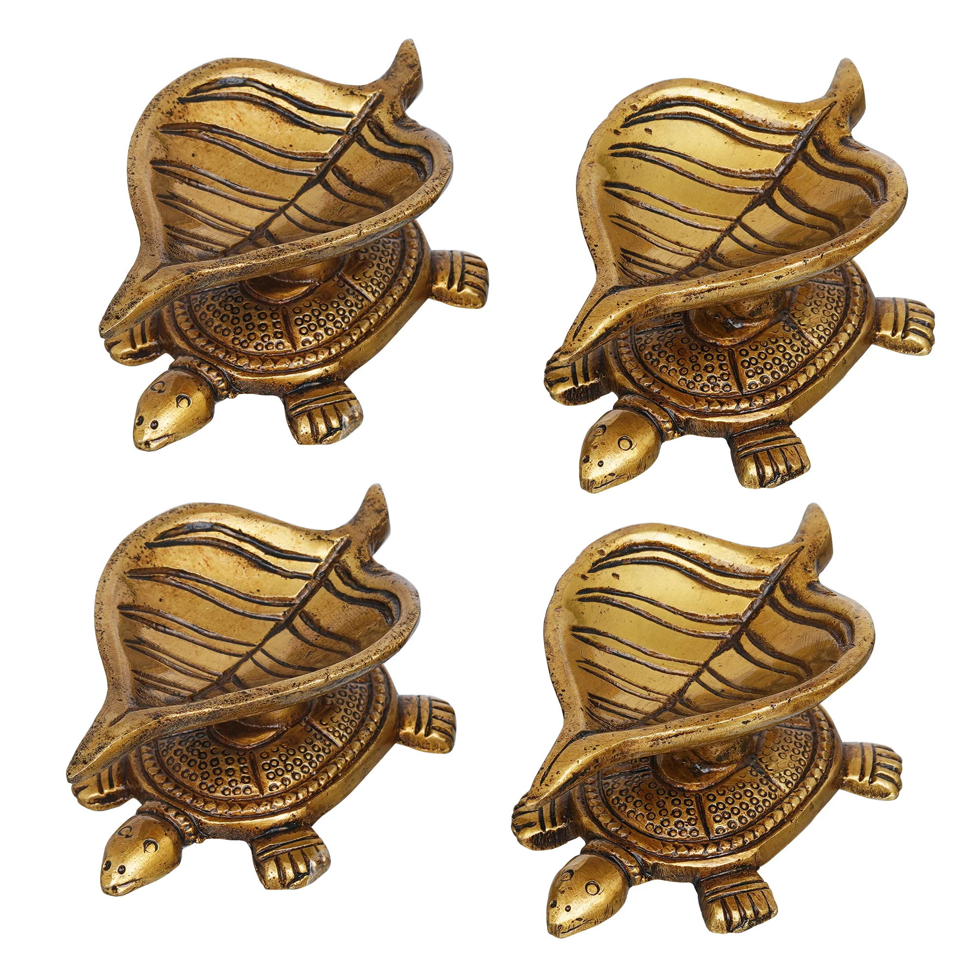 Picture of eCraftIndia 4 Pieces Beige Tortoise Statue Leaf Design Diyas