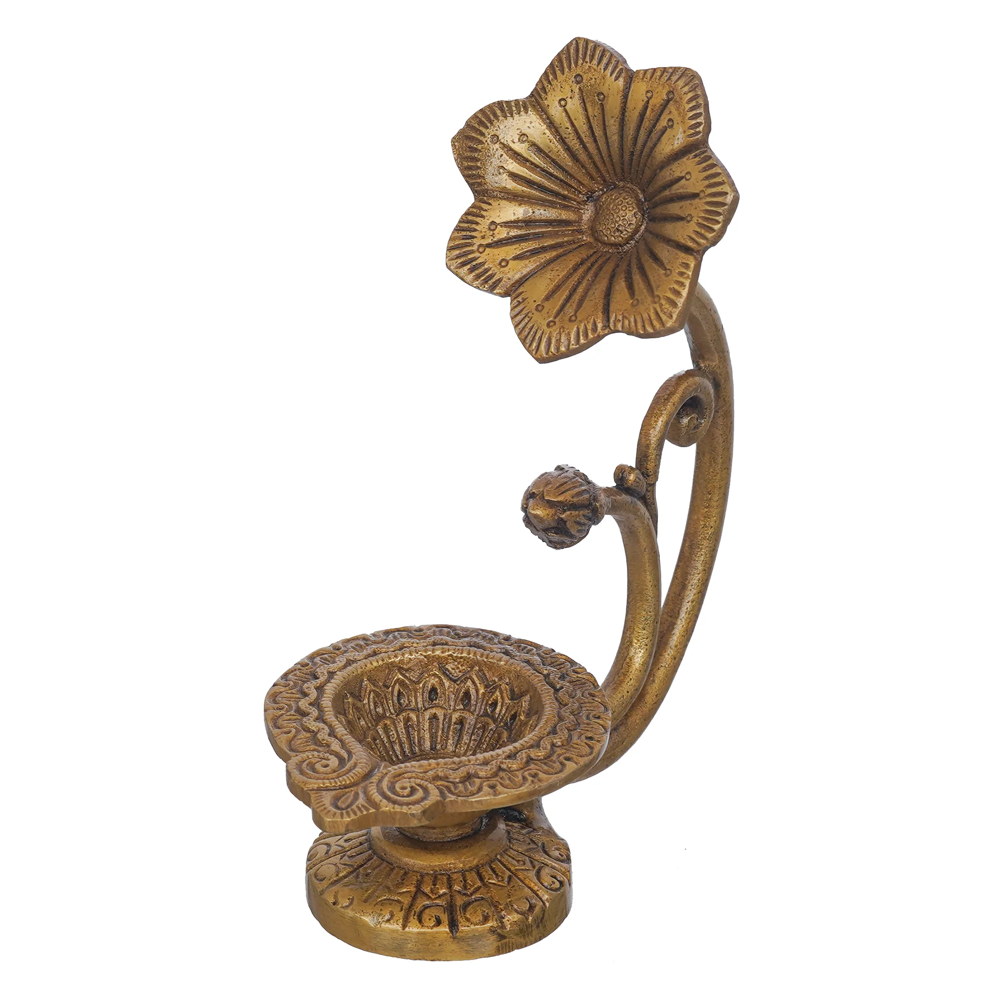 Show details for eCraftIndia Gold Toned Flower Shaped Brass Diya With Floral Handle Picture of eCraftIndia Gold Toned Flower Shaped Brass Diya With Floral Handle