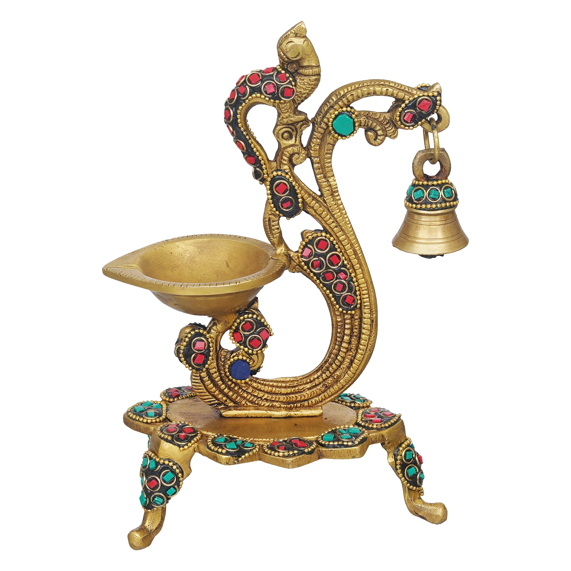 Picture of eCraftIndia Gold Toned Peacock Shaped Traditional Brass Diya With Bell & Stand