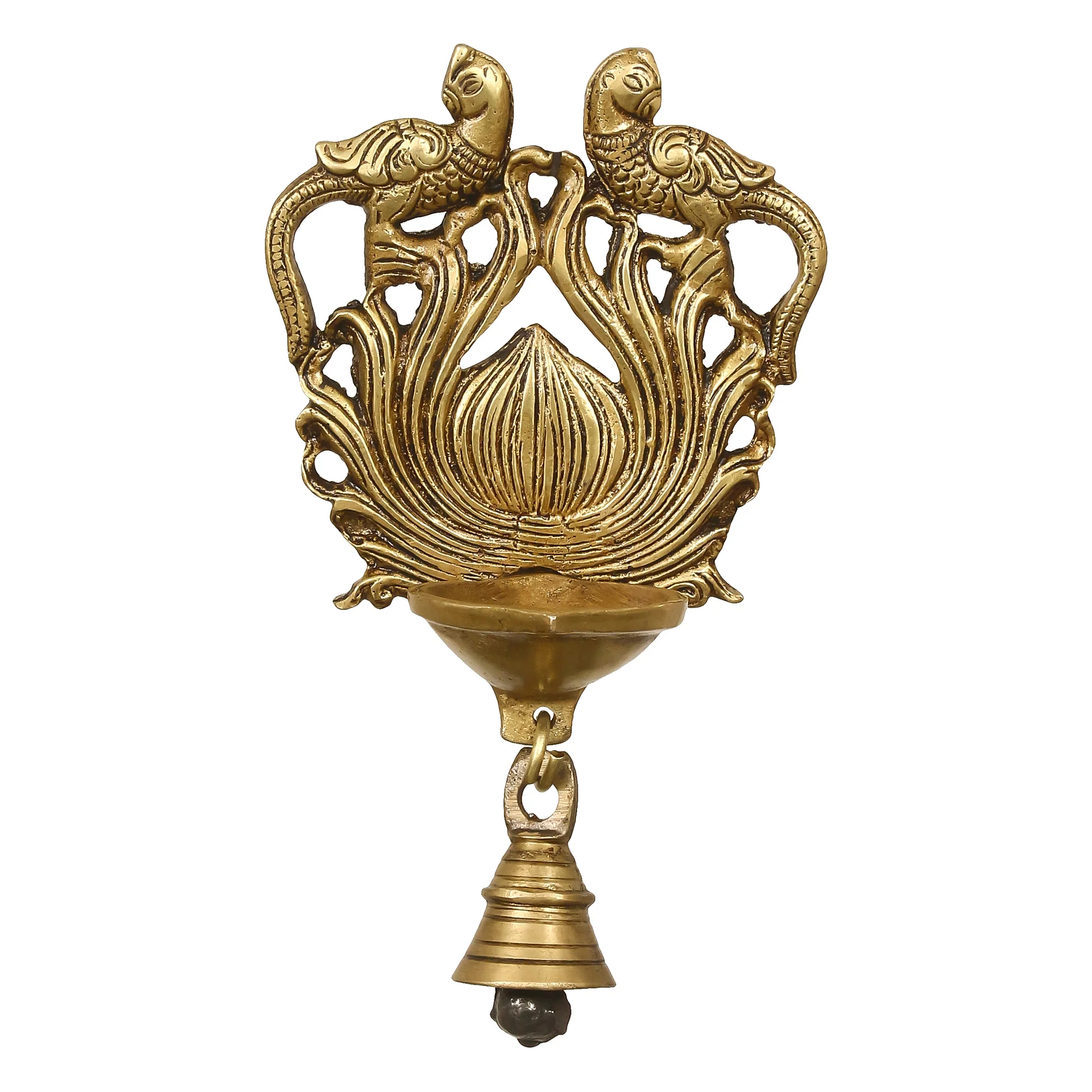 Picture of eCraftIndia Gold-Toned Handcrafted Antique Finish Diya with Bells Decorative Wall Hanging Showpiece