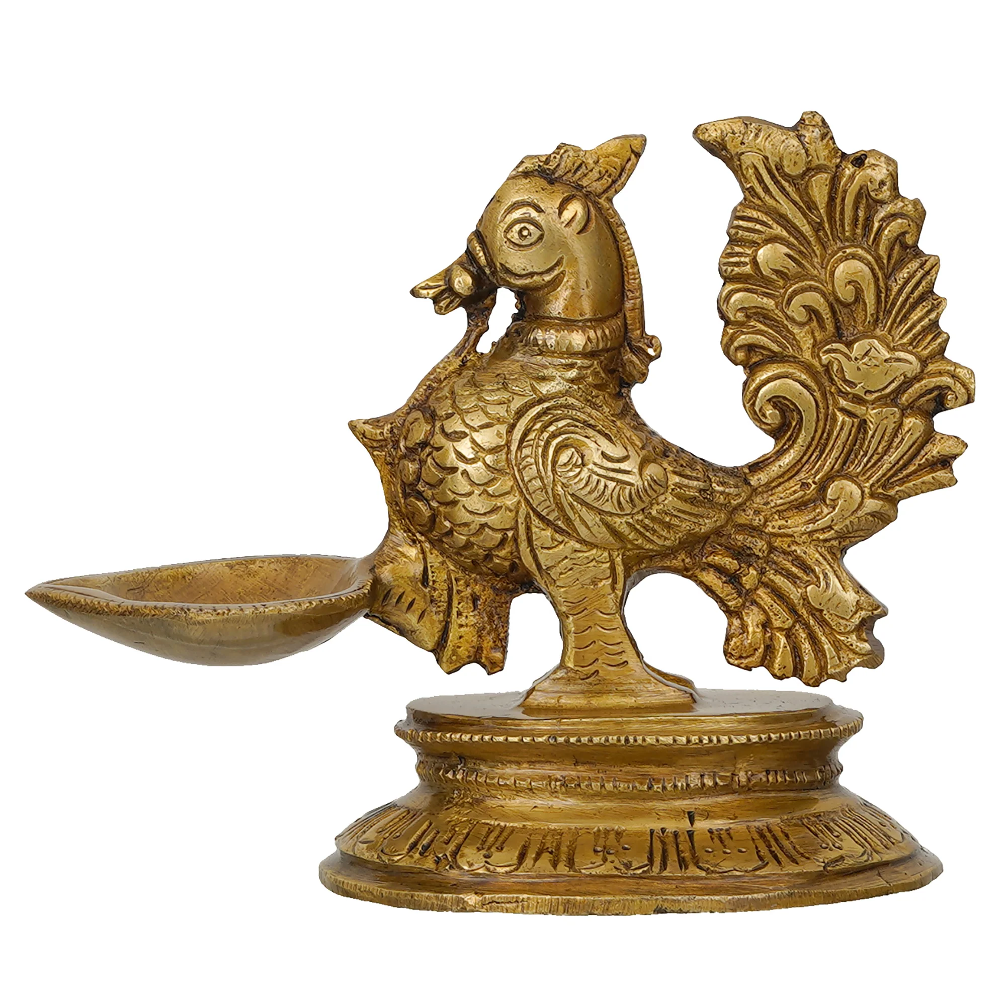 Show details for eCraftIndia Gold-Toned Peacock Brass Diya Stand Picture of eCraftIndia Gold-Toned Peacock Brass Diya Stand