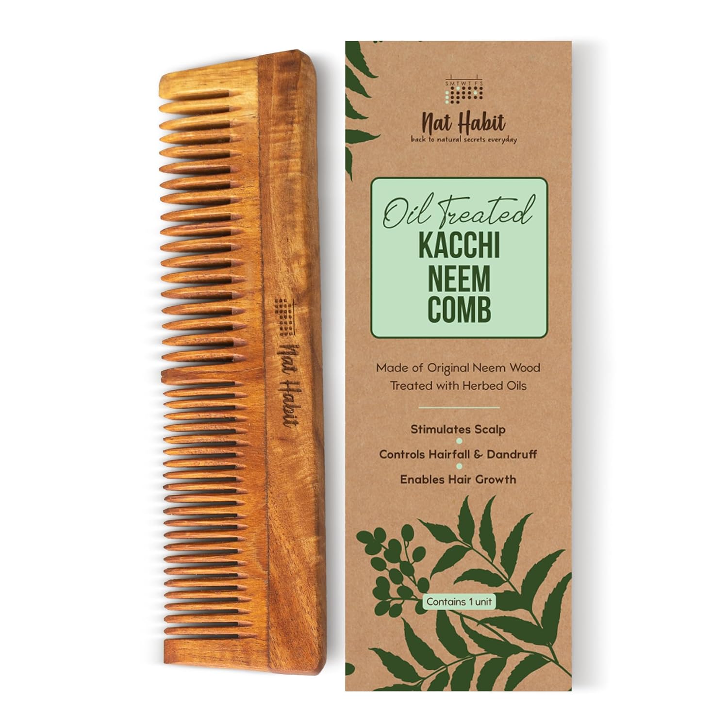 Picture of Nat Habit Kacchi Neem Wooden Comb - Soaked In 13 Herbs, Neem & Sesame Oil For Multi-Actions