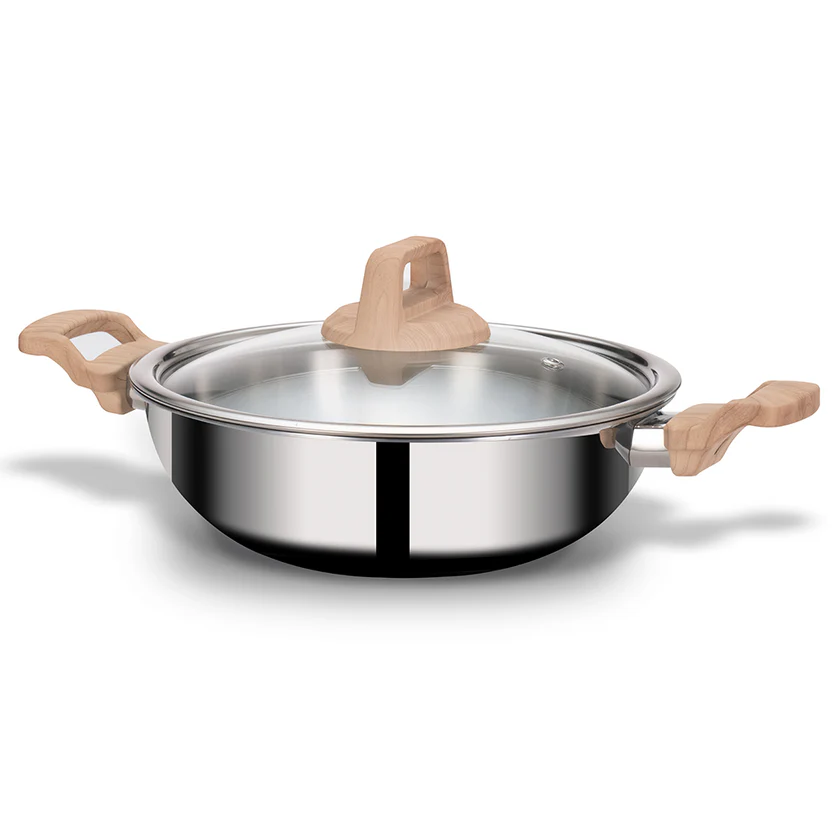 Picture of Arttdinox Stainless Steel Triply Kadhai 22 cm (2.1 Ltr) with Wood Finish Rivetless Stay Cool Handle + Vented Glass Lid