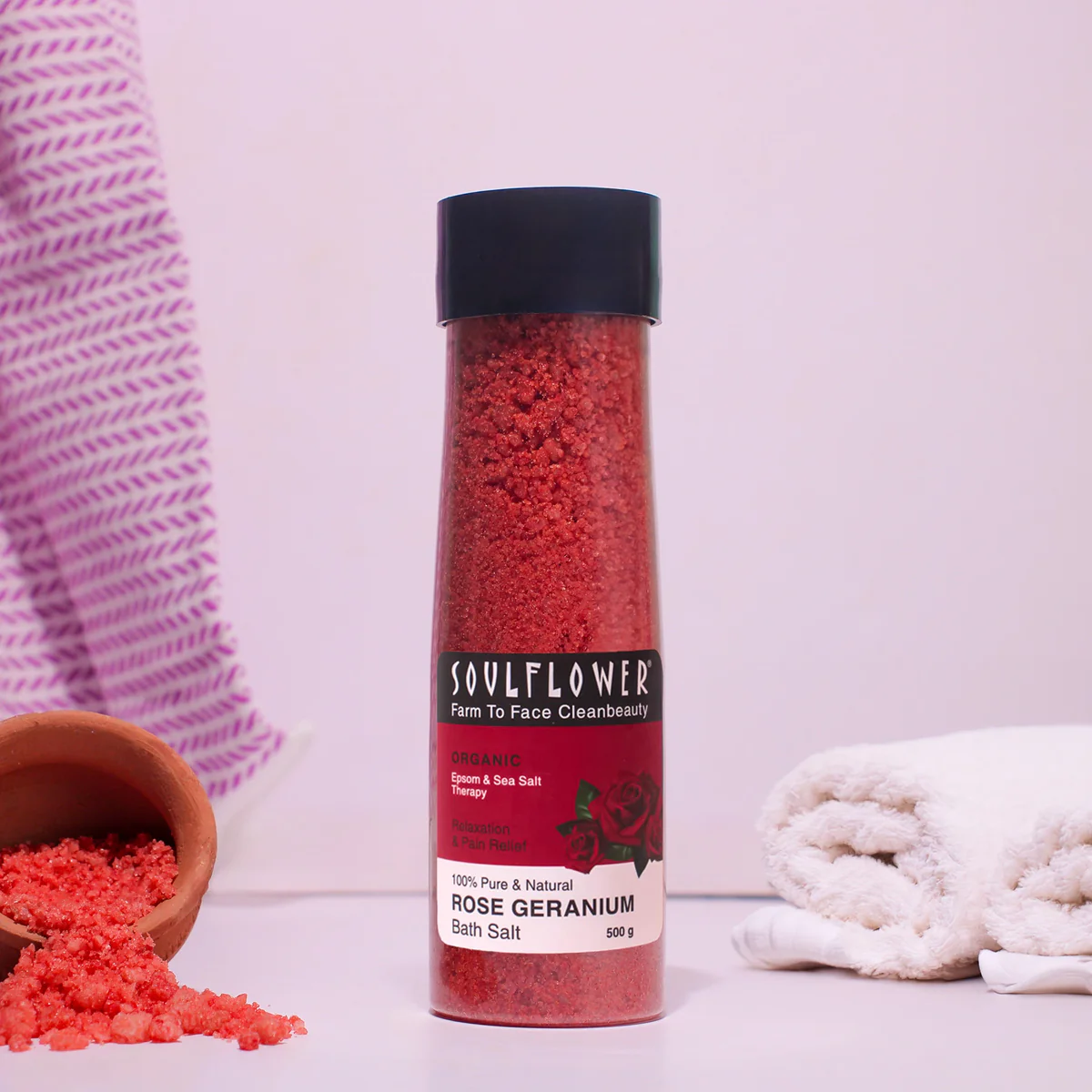 Picture of Soulflower Aromatherapy Essential Oil Rose Geranium Bath Salt - 500 GM