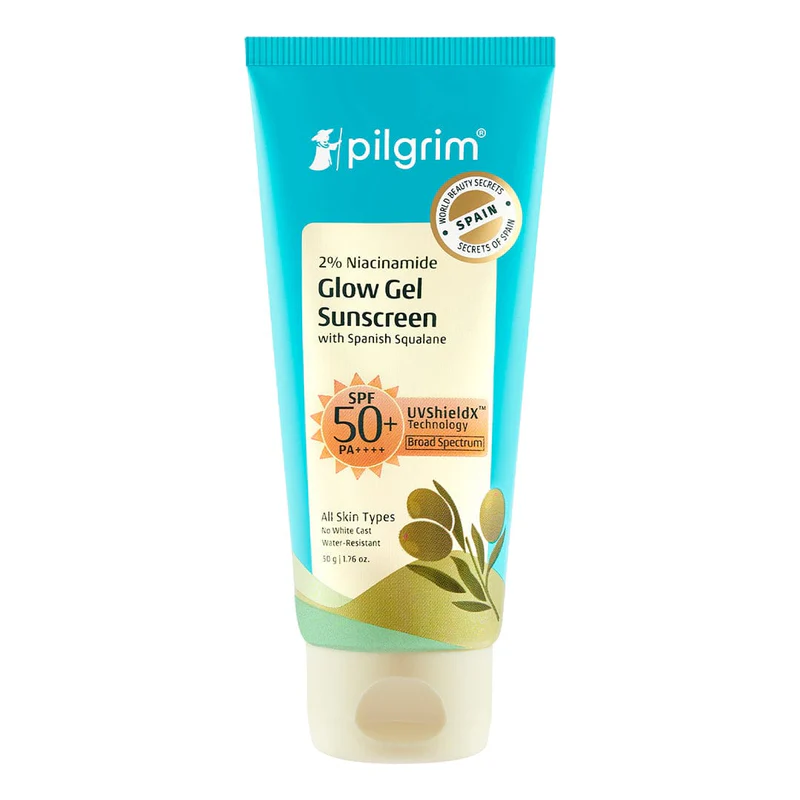Show details for Pilgrim 2% Niacinamide Glow Sunscreen SPF 50 +++ Enhances Glow, Broad spectrum, Non-greasy, No white cast & Prevents Tanning - 50 GM Picture of Pilgrim 2% Niacinamide Glow Sunscreen SPF 50 +++ Enhances Glow, Broad spectrum, Non-greasy, No white cast & Prevents Tanning - 50 GM