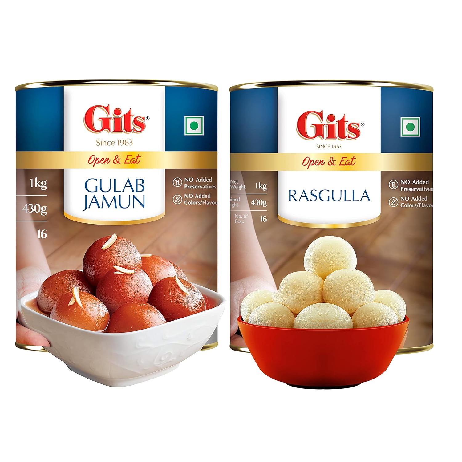 Picture of Gits Rasgulla & Gulab Jamun - 1Kg Gulab Jamun Tin + 1Kg Rasgulla Tin - Combo Pack 