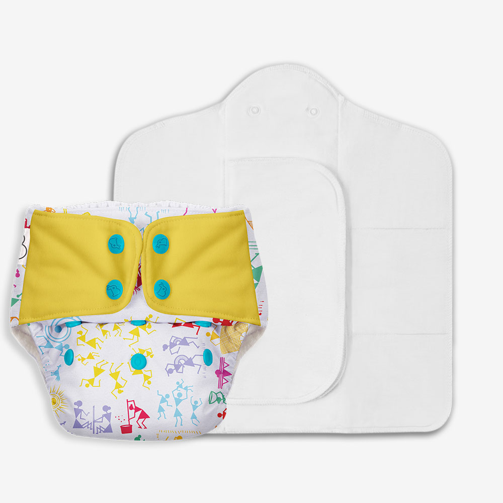 Picture of Superbottoms Freesize UNO Washable & Reusable Adjustable Cloth Diaper with Dry Feel Pads set (White Warli)