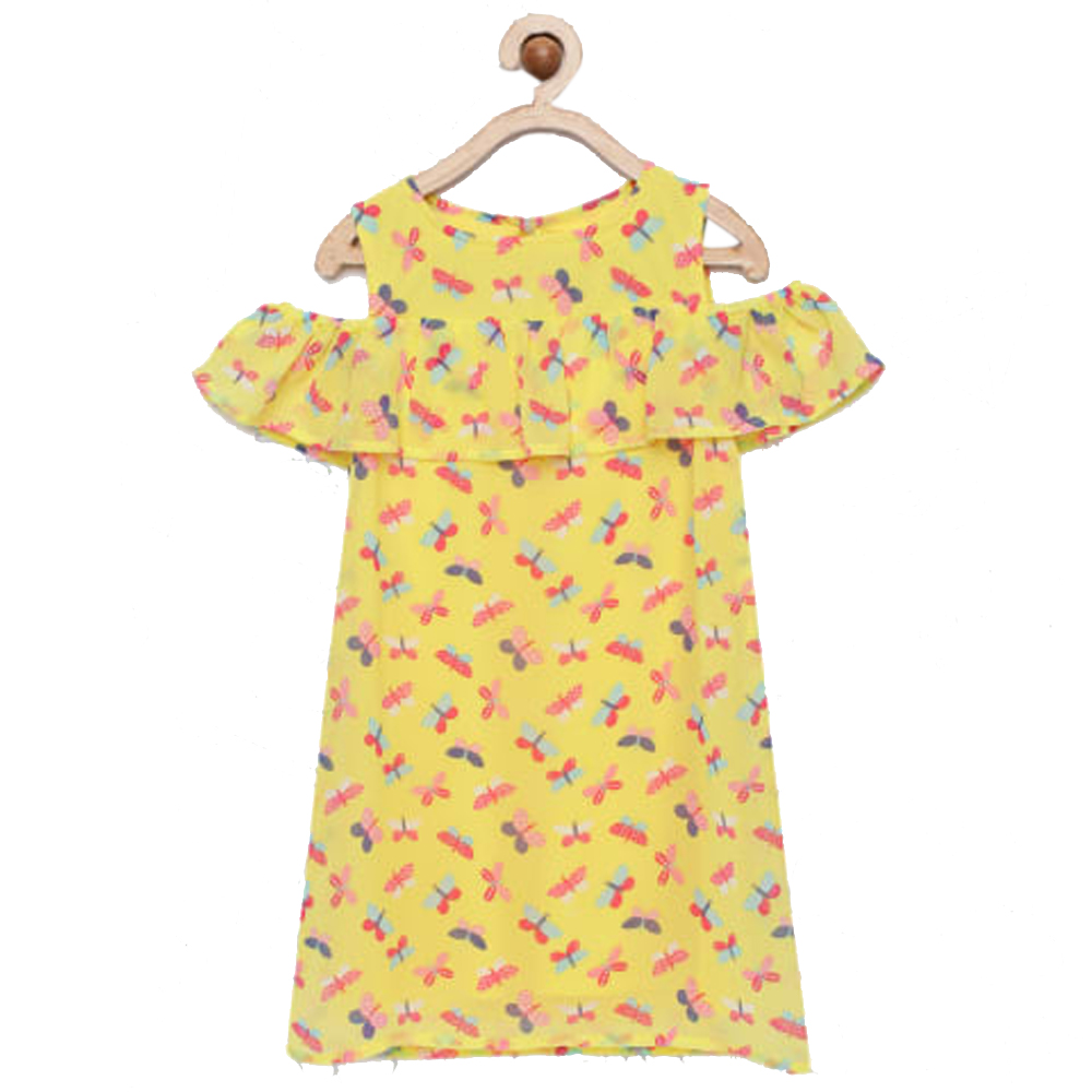 Picture of Yellow All-Over Printed Dress in Georgette for Girls 2-8 Years