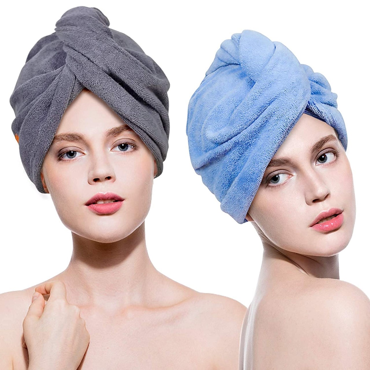 Picture of Surat Dream 2 Pieces Microfiber Hair Towel Wrap For Women For Long Hair Quick Drying Anti Frizz Super Absorbent Turban Dry Shower Caps (26 X 11 inch, Grey + Blue)
