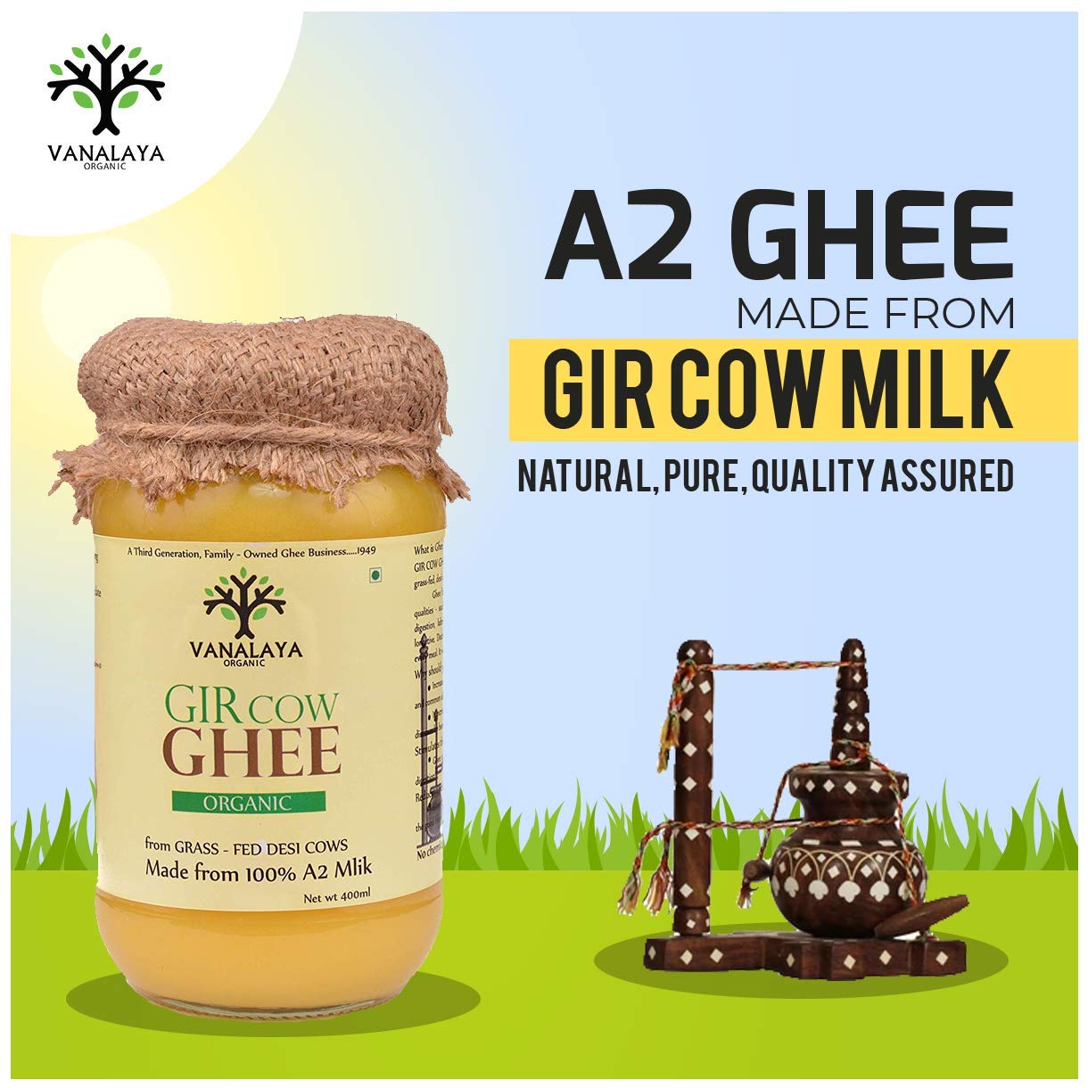 Picture of Vanalaya Organic A2 Desi Gir Cow ghee from A2 Milk Prepared by Traditional Bilona Method -400ml