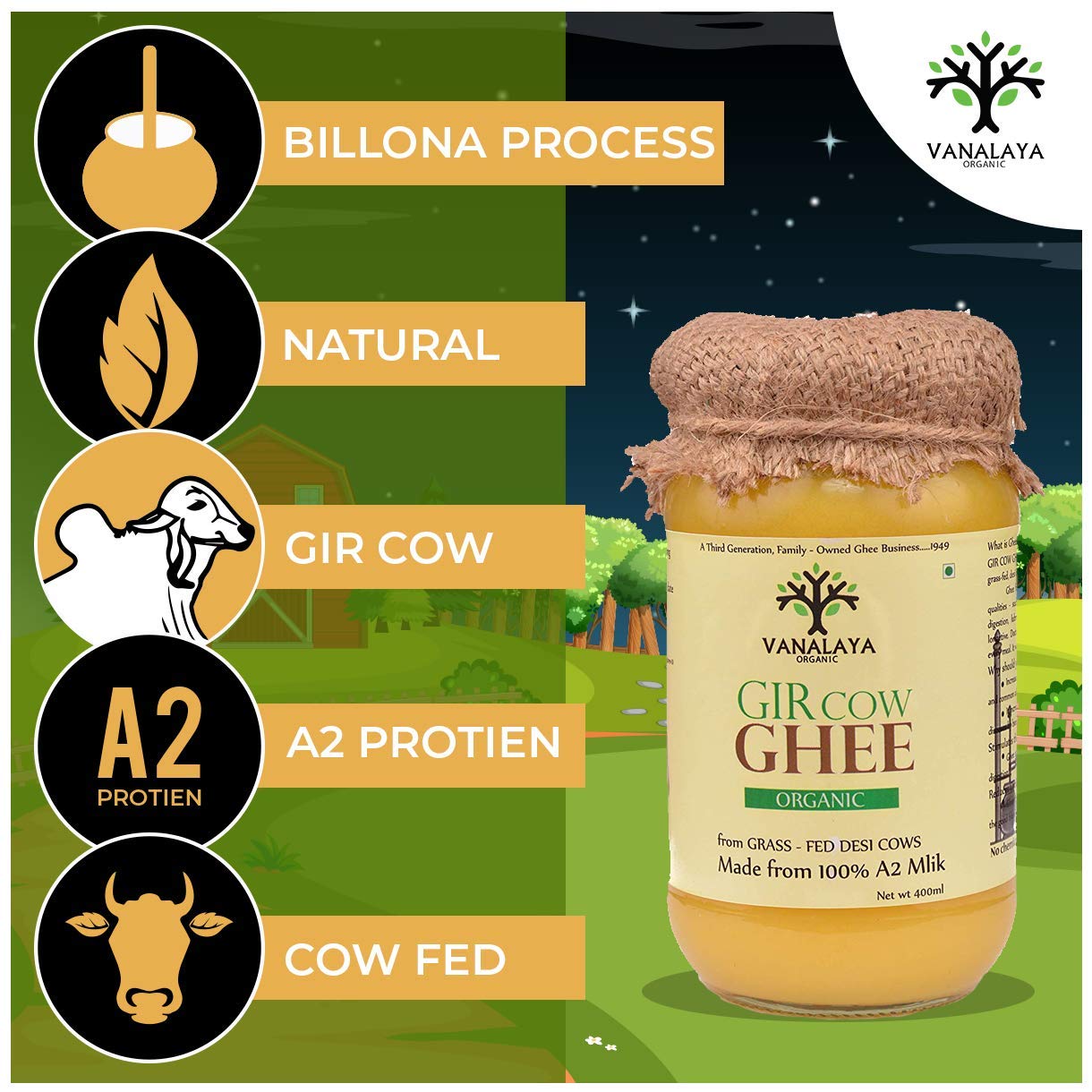 Picture of Vanalaya Organic A2 Desi Gir Cow ghee from A2 Milk Prepared by Traditional Bilona Method -500ml
