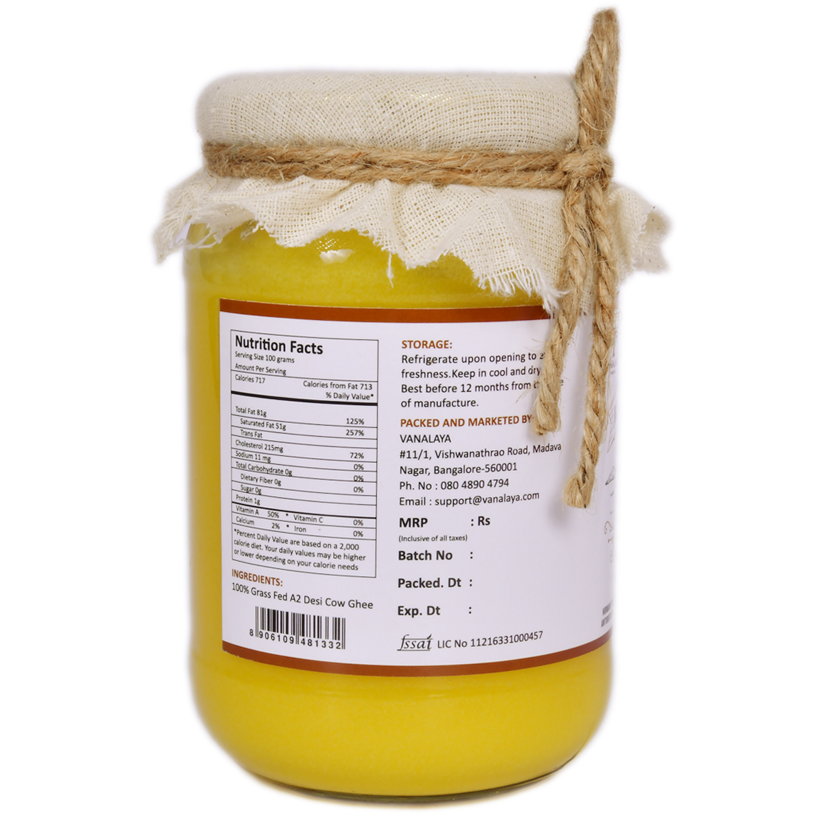 Picture of Vanalaya A2 Desi Cow Ghee from A2 Milk Prepared by Traditional Bilona Method 500ml