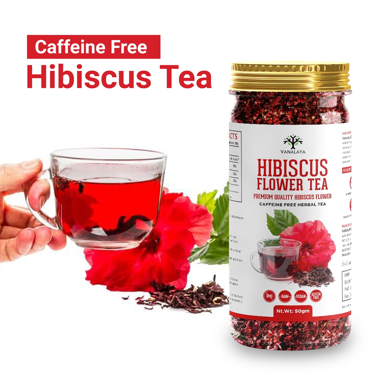 Picture of Vanalaya Organic Hibiscus Flower Tea from Sun Dried Hibiscus Petals For weight loss, Reduce Stress - 50gm