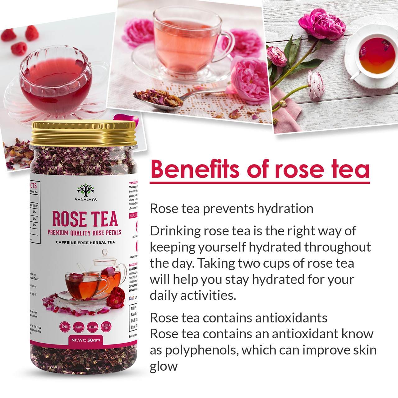 Picture of Vanalaya Rose Tea For Glowing Skin, Weight loss Made with 100% Natural Rose Petals 30g
