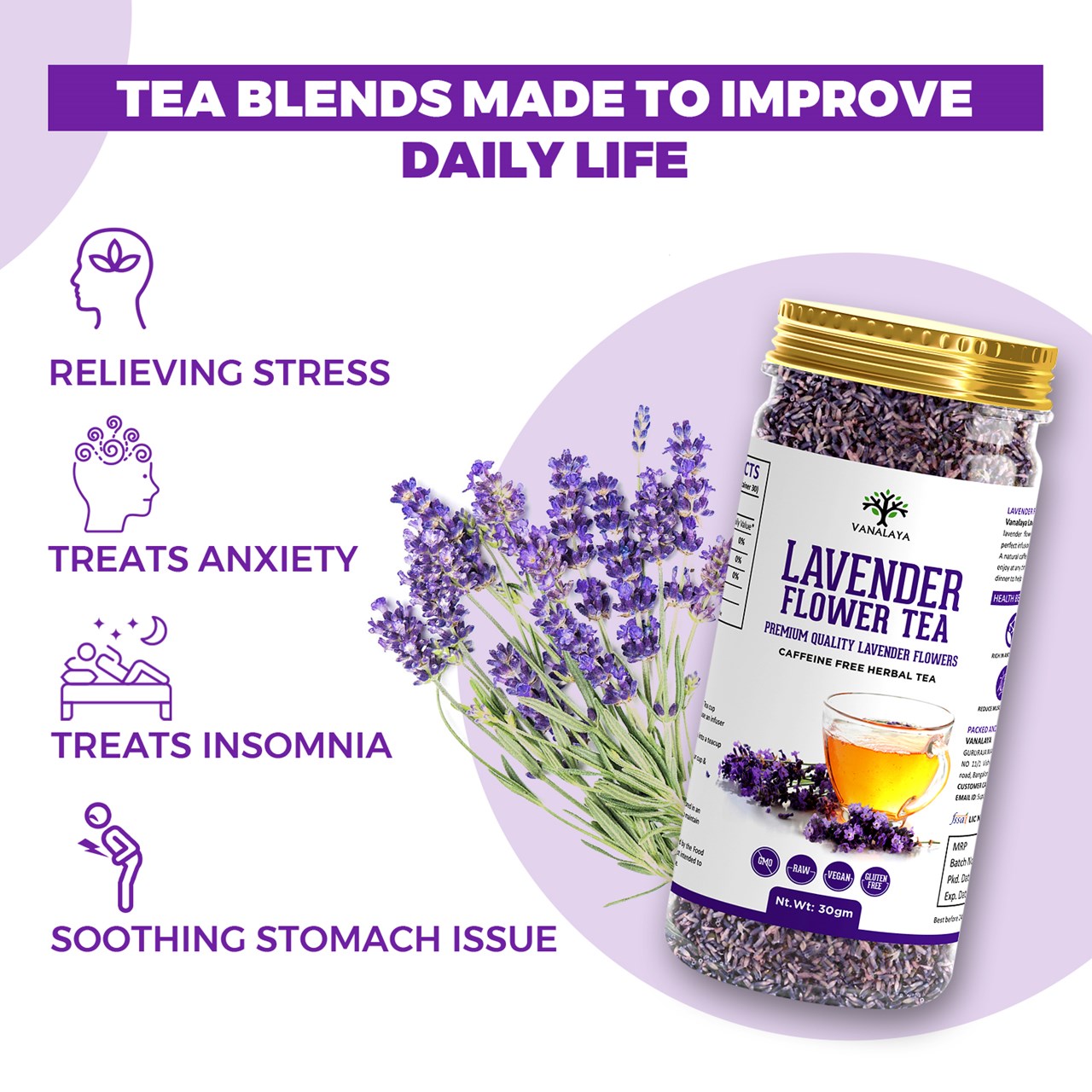 Picture of Vanalaya Organic Lavender Flower Tea from Sun Dried Flowers For Stress Relief - 30gm