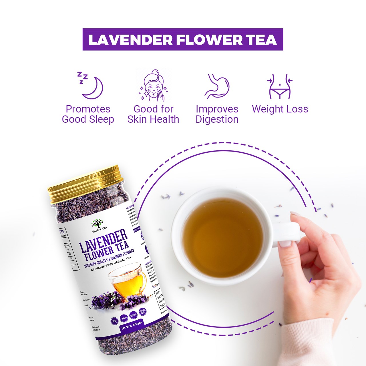 Picture of Vanalaya Organic Lavender Flower Tea from Sun Dried Flowers For Stress Relief - 30gm