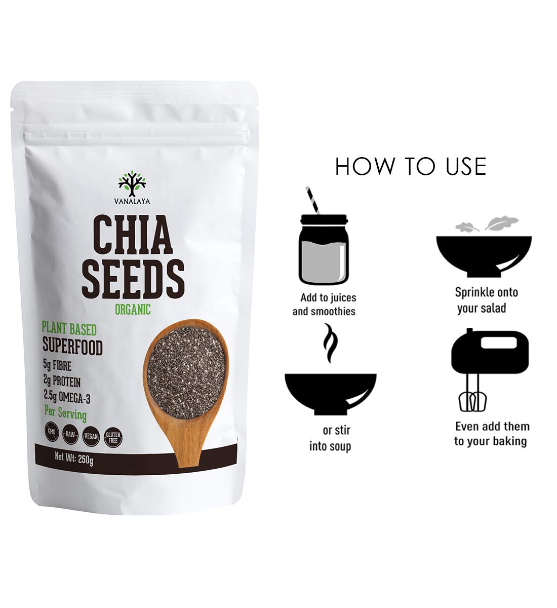Picture of Vanalaya Raw Unroasted Chia Seeds for Eating with Omega 3 Protein and Fiber for Weight Loss Management -250g