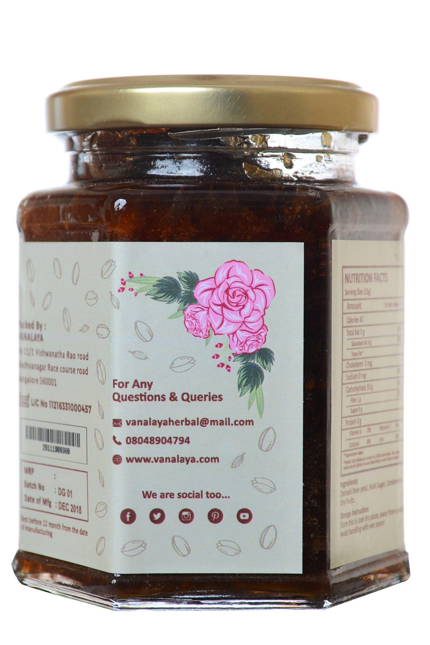 Picture of Vanalaya Natural Organic Gulkand Prepared Using Sun Cooked Damask Rose Along with Dry Fruits - Natural - Organic -300 Grams