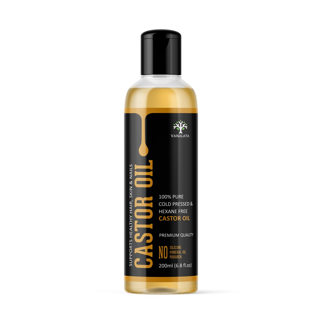 Picture of Vanalaya Pure Cold Pressed Castor Oil For Stronger Hair, Skin & Nails , No Mineral Oil & Silicones 6.8 FL Oz - 200 ML