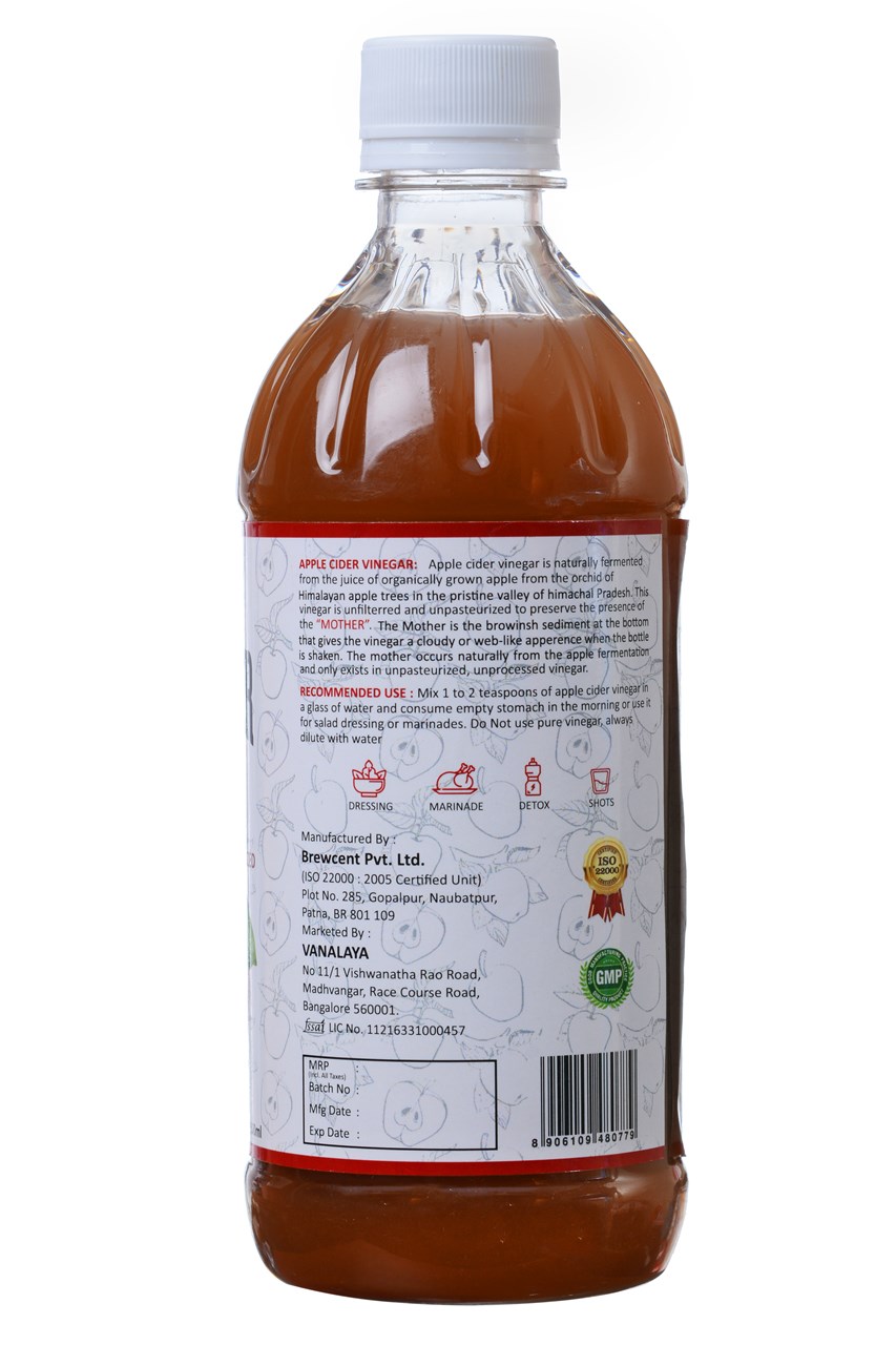 Picture of Vanalaya Organic Apple Cider Vinegar with Mother Raw Unfiltered Undiluted Unpasteurized Gluten Free for Weight Loss - 500 ML