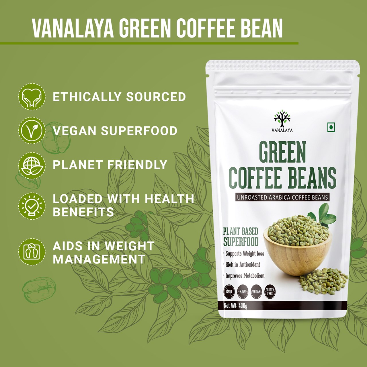 Picture of Vanalaya Green Coffee Bean Unroasted Arabica Organic Pure and Natural For weight loss Improve Energy Focus and Mood 400gm