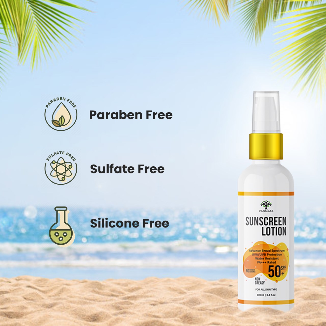 Picture of Vanalaya sunscreen lotion SPF 50 PA+++ With UVA & UVB Protection, Quick Absorb No Parabens, Silicones, Mineral Oil for All Skin 3.4 FL Oz - 100 ml