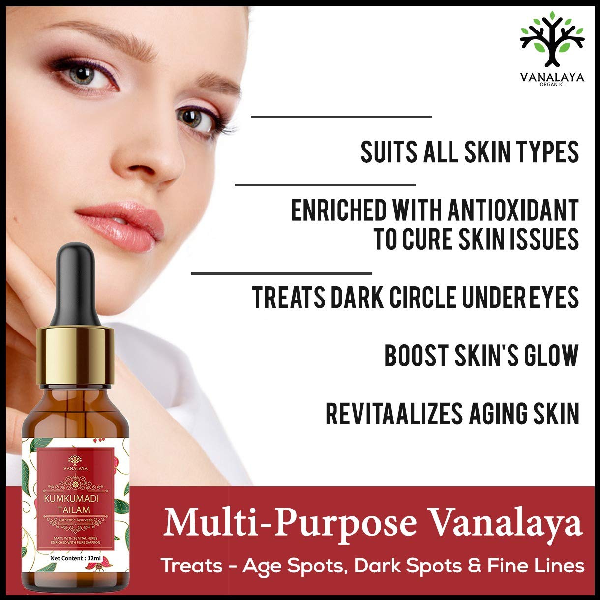 Picture of Vanalaya kumkumadi tailam for skin lightening, Anti-ageing, Night serum for face and glowing skin 12ml