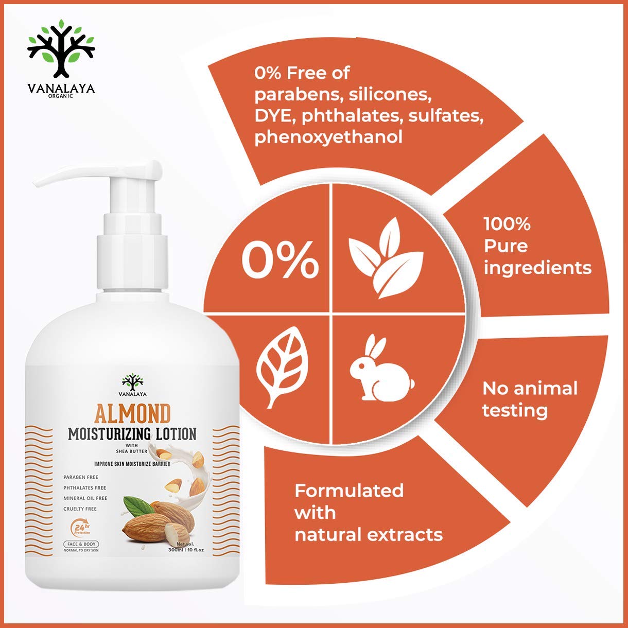 Picture of Vanalaya Almond Moisturizing Lotion with shea butter Vitamin E and coconut oil Paraben Free Sulphate free Mineral oil free for Face and Body 10 FL Oz - 300 ML