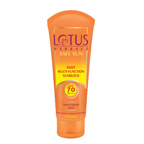Show details for Lotus Herbals Safe Sun Daily Multi-Function Sunblock SPF PA+++ - 60 gm Picture of Lotus Herbals Safe Sun Daily Multi-Function Sunblock SPF PA+++ - 60 gm